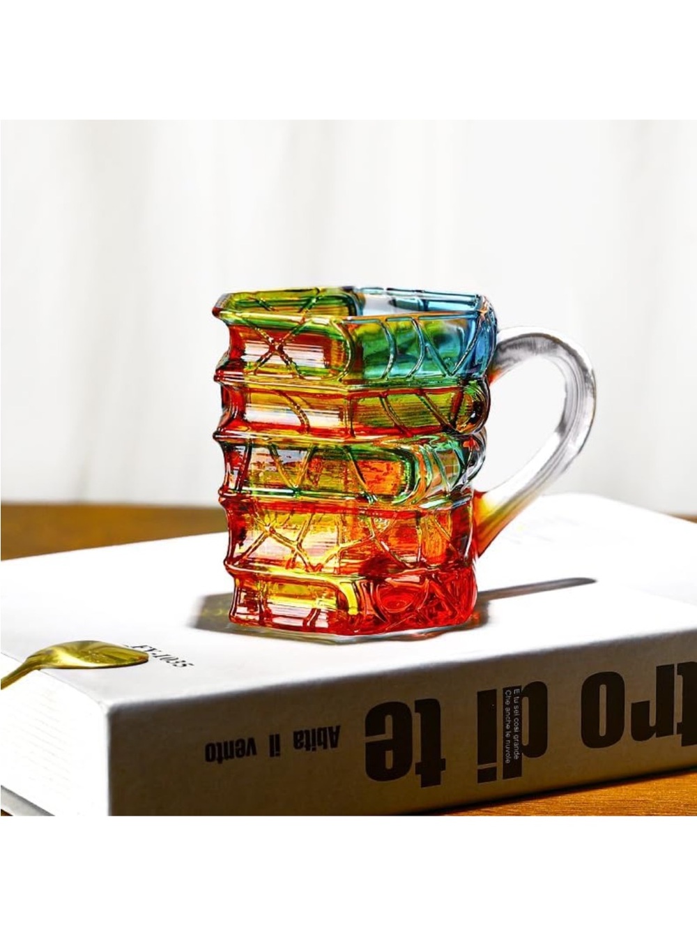 NWOT Handmade Glass Book Coffee Mug, Stackable 3D Design, Blue and Amber Colored